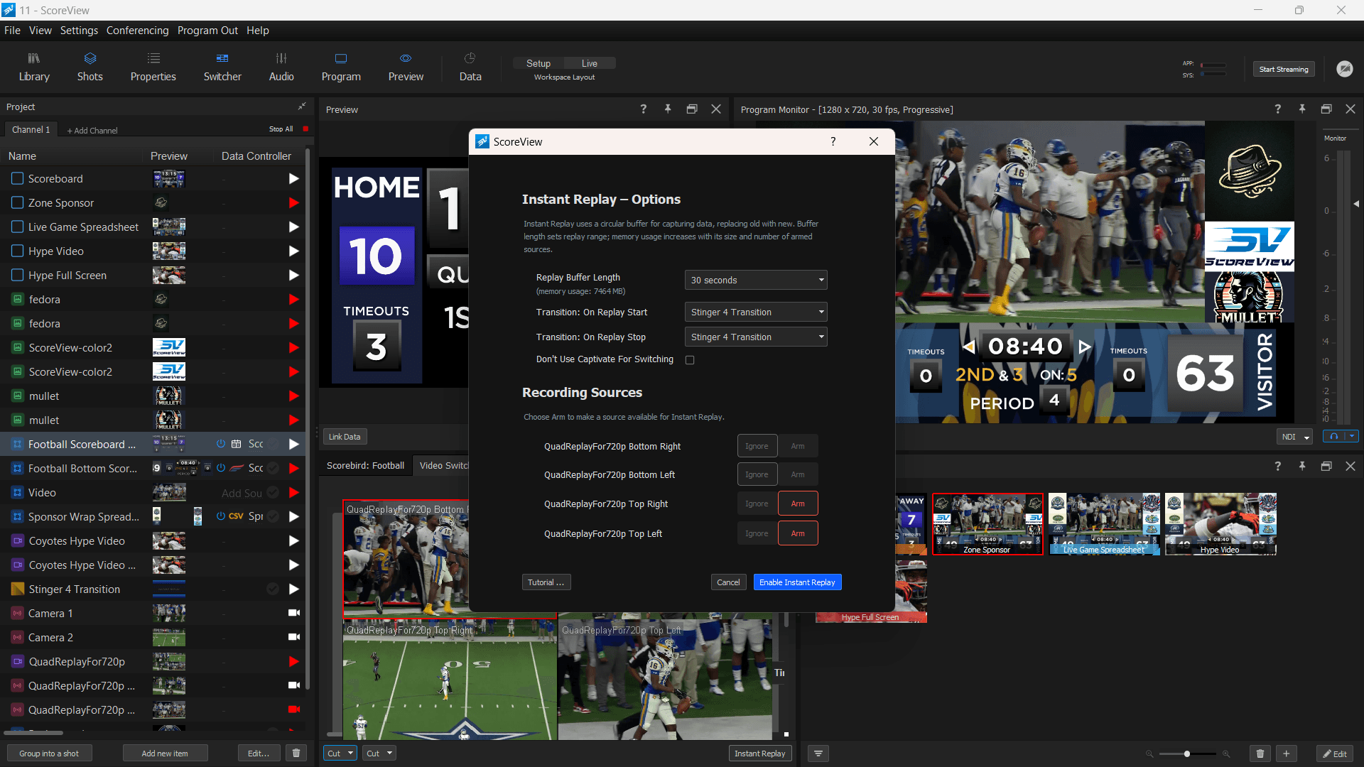 VideoPro instant replay configuration with multi-camera support